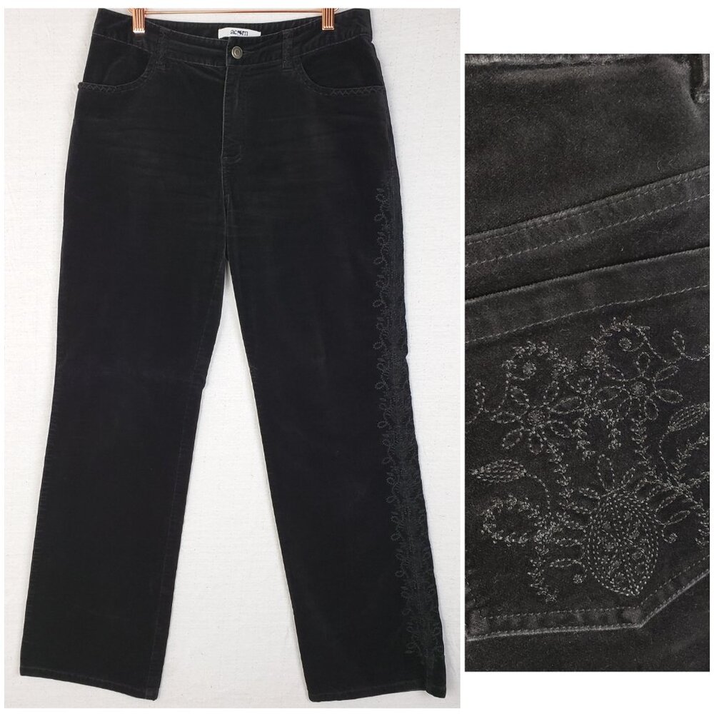 Acorn Velour Pants Embroidered Velvet Black Straight Leg Stretch sz 6 Whimsigoth